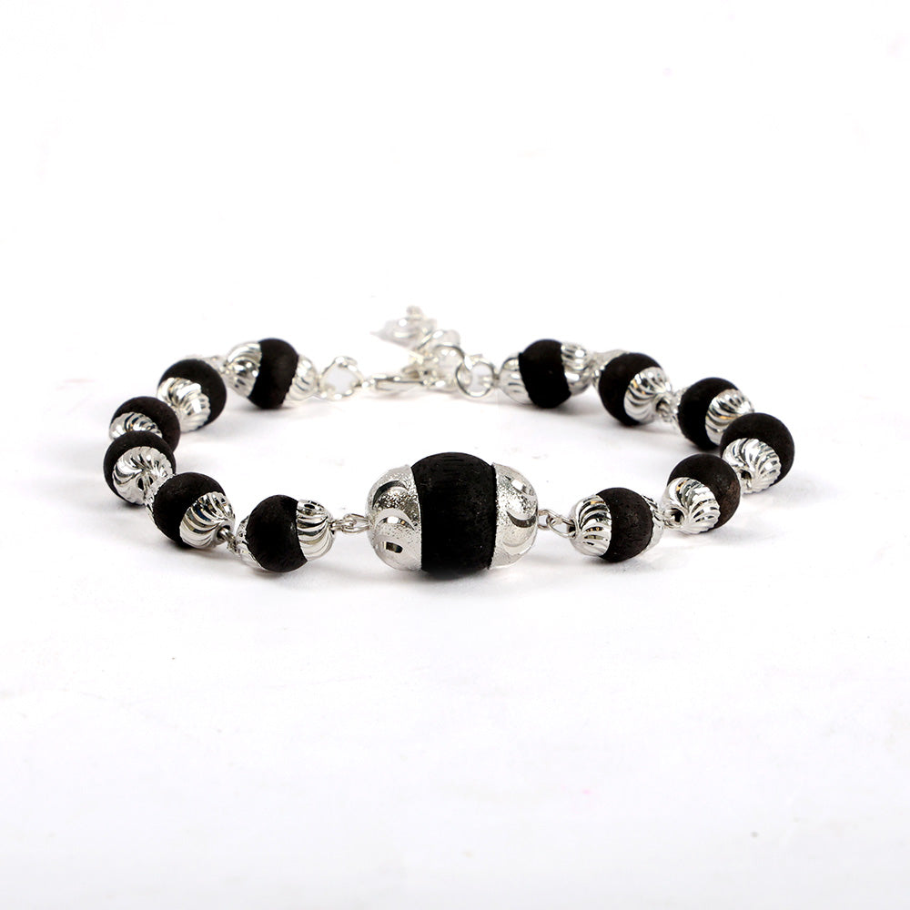 8mm Silver Plated Karungali Bracelet with Big Bead Govt Certified