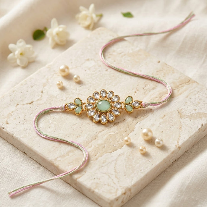 Kundan Studded Floral Medallion Mint Green Accent Rakhi