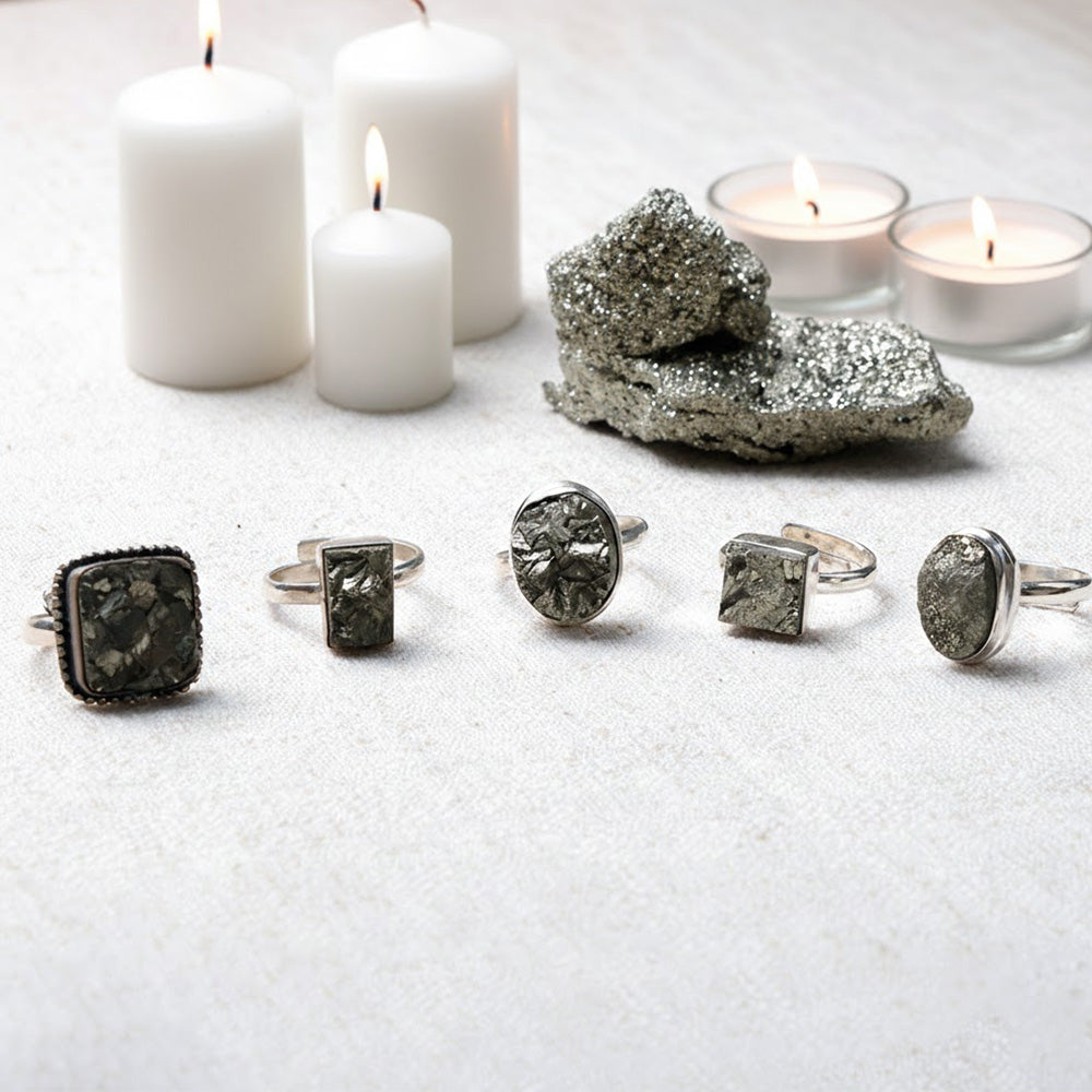 Natural pyrite stone ring for wealth attraction and confidence. India’s Largest Puja Accessories Brand- www.satvikstore.in