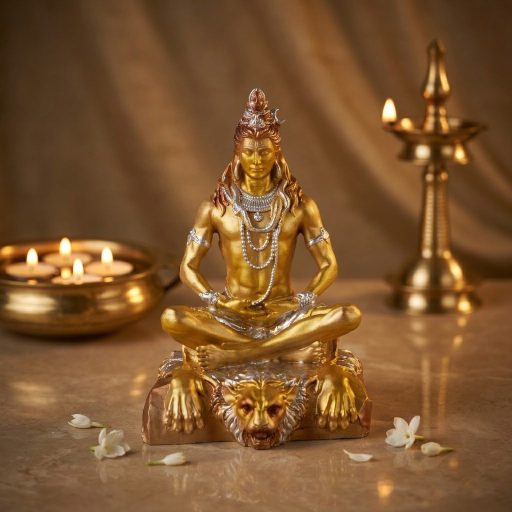 Premium Silver & Gold Shiv Ji Meditating Resin Statue