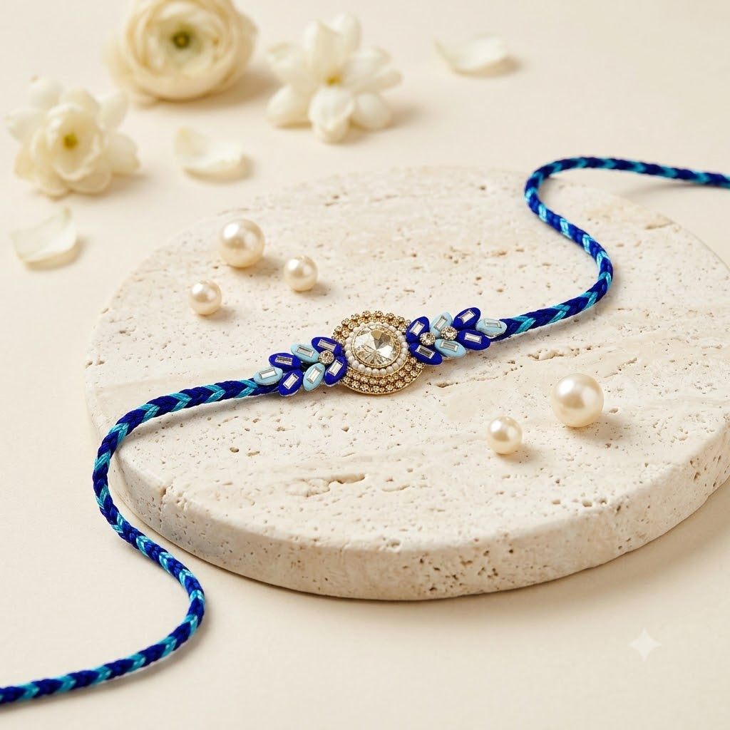 Premium Solitaire Gem and Leaf Embellished Designer Rakhi