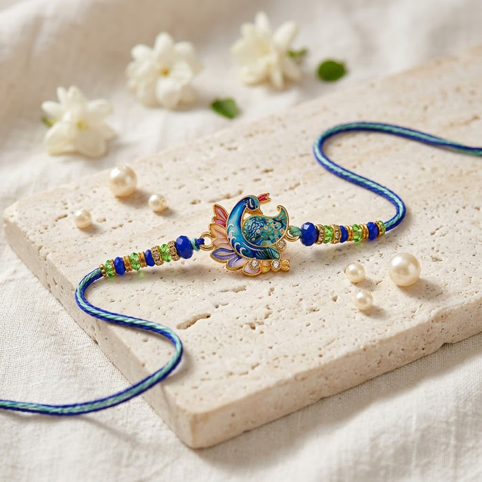 Elegant Peacock Meenakari Charm Stone Designer Rakhi