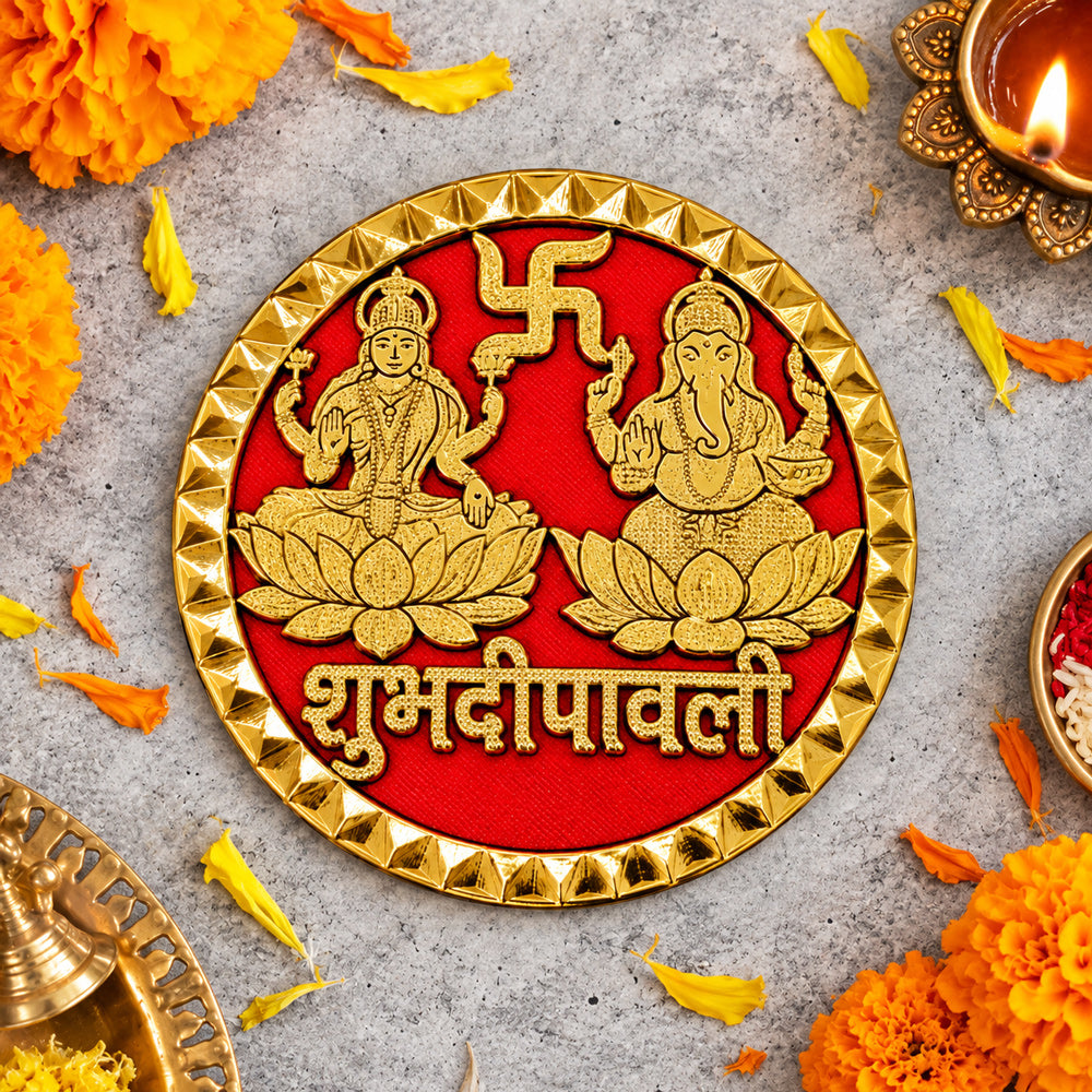 Round Gold & Red Laxmi Ganesha Shubh Deepawali Door Sticker