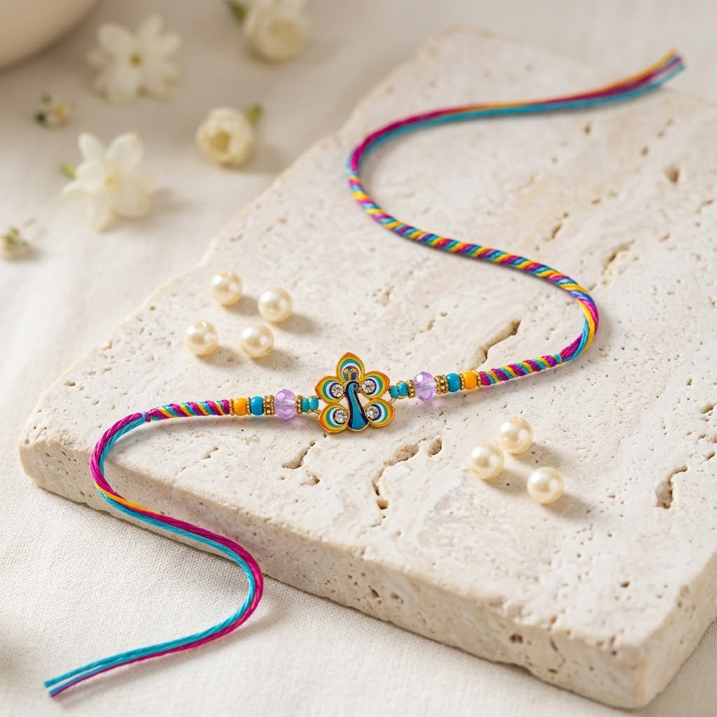 Elegant Peacock Feather Motif Stone Studded Designer Rakhi