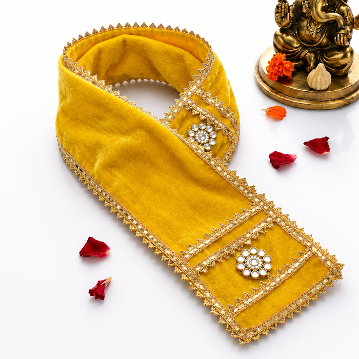 Elegant Yellow Velvet Ganpati Idol Patka with Stone Floral Medallions