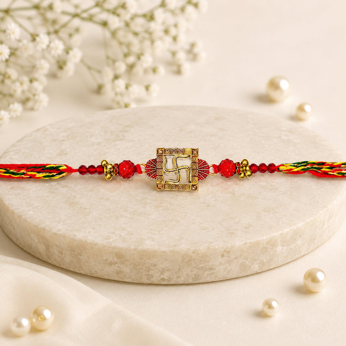 Traditional Red and Gold Swastik Motif Rakhi