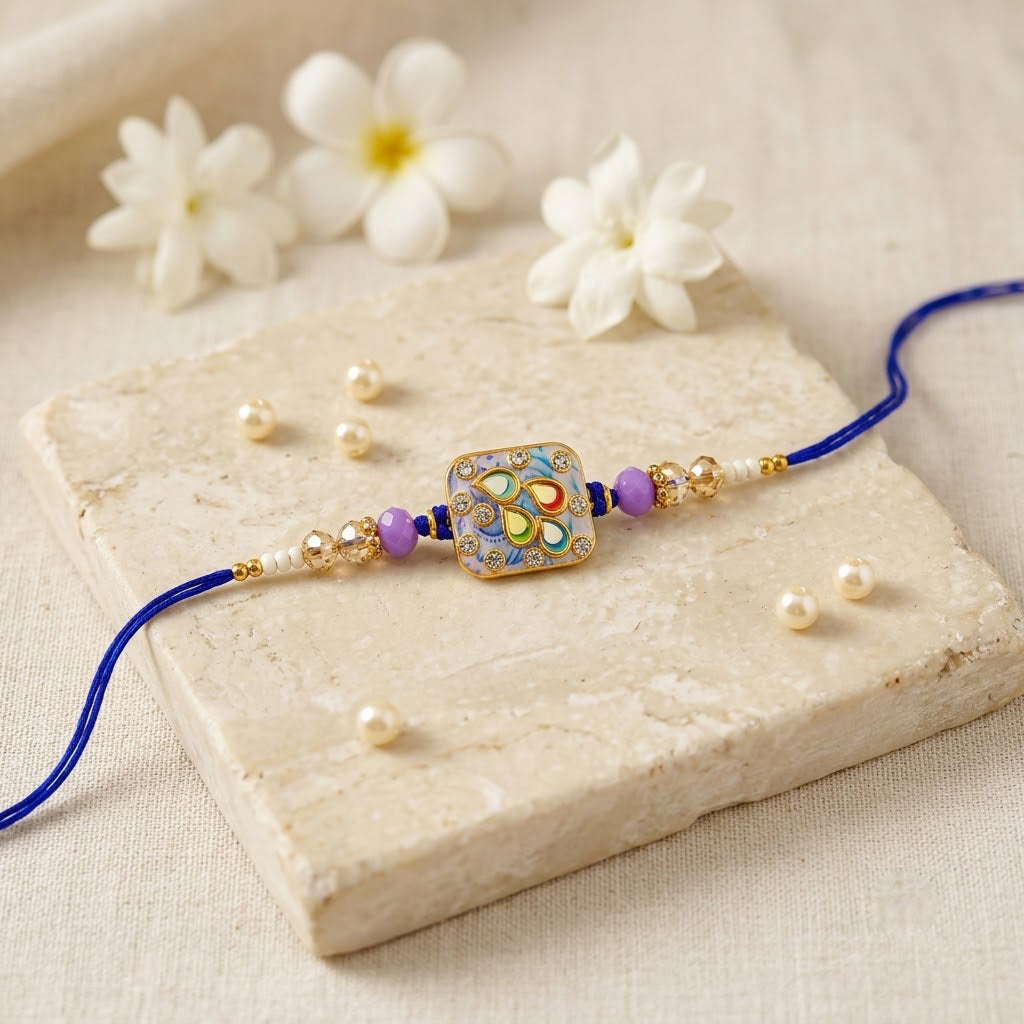 Elegant Pastel Blue and Lavender Square Enamel Dial Rakhi