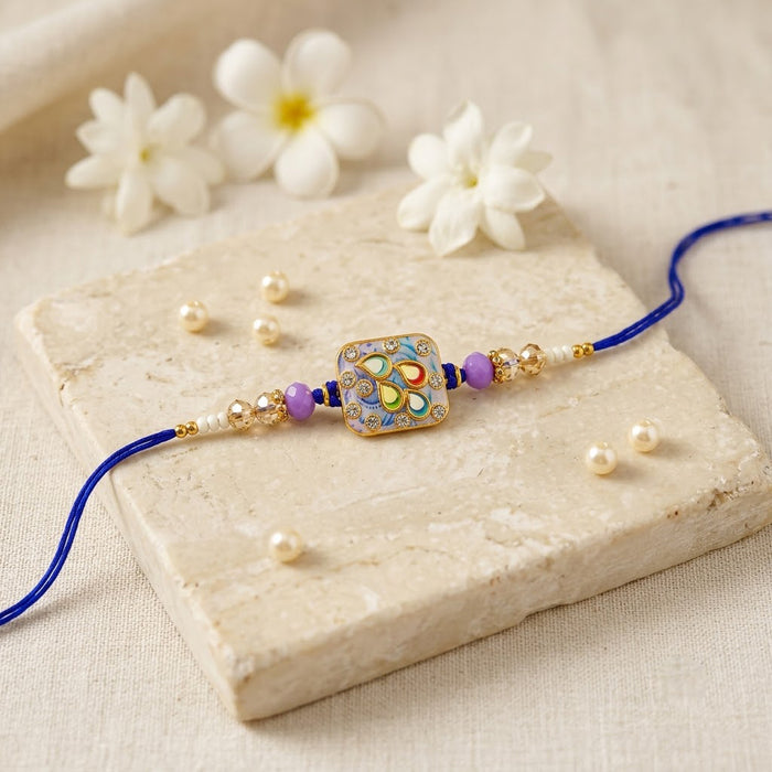 Elegant Pastel Blue and Lavender Square Enamel Dial Rakhi