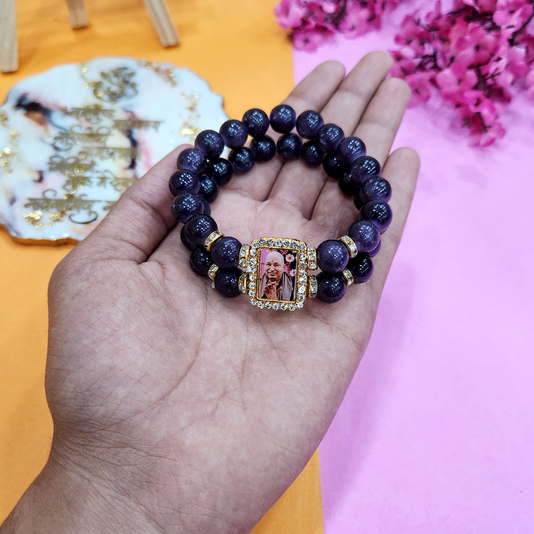Black Round Pearl Bracelet with Jai Guruji Swaroop.