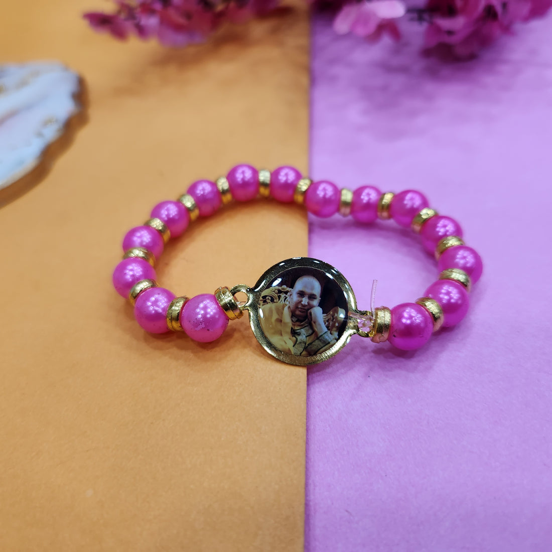 Pink Round Pearl Bracelet with Jai Guruji Swaroop Handmade Bracelets for Men and Women