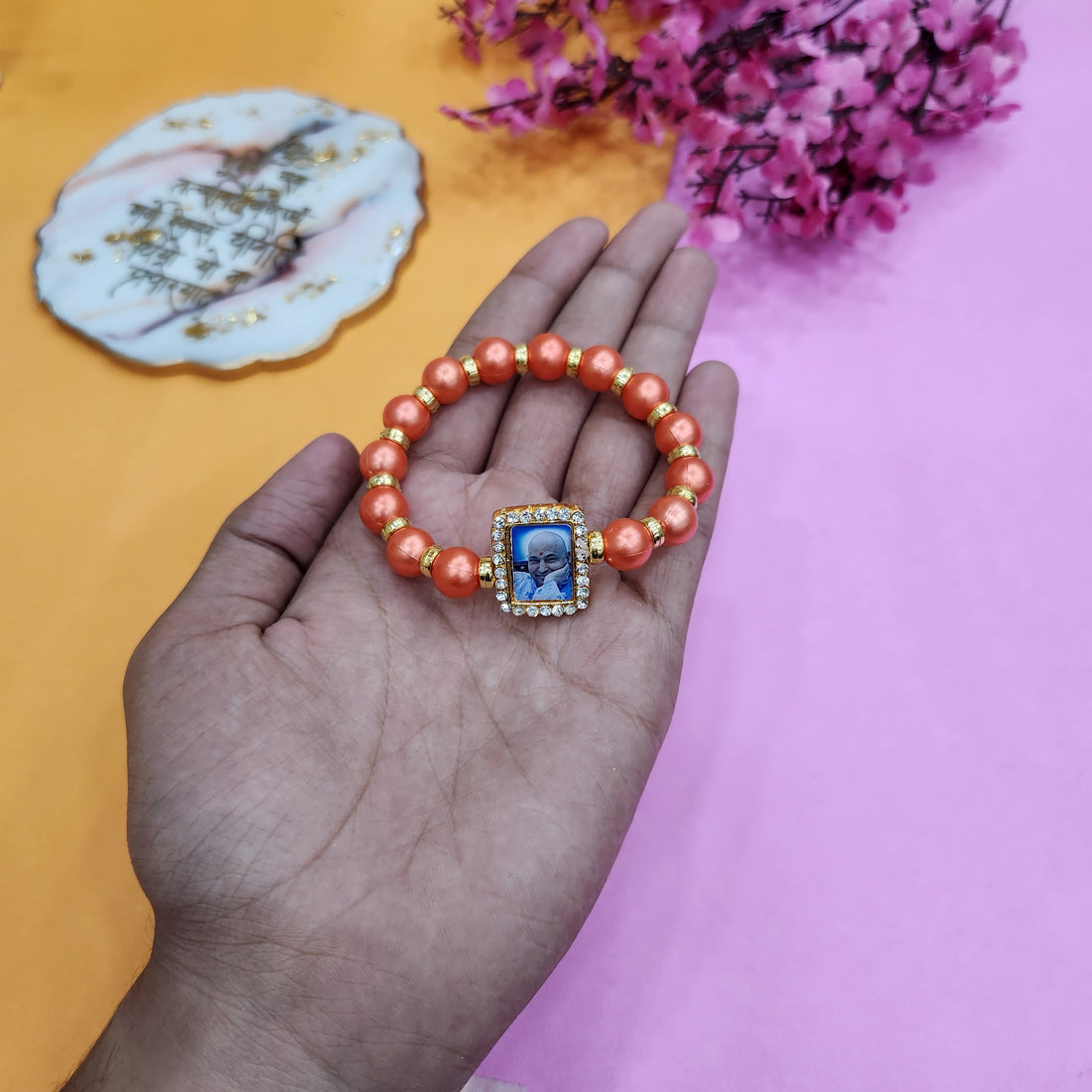 Round Pearl Bracelet Dark Orange with Jai Guruji Swaroop Handmade Bracelets for Men and Women