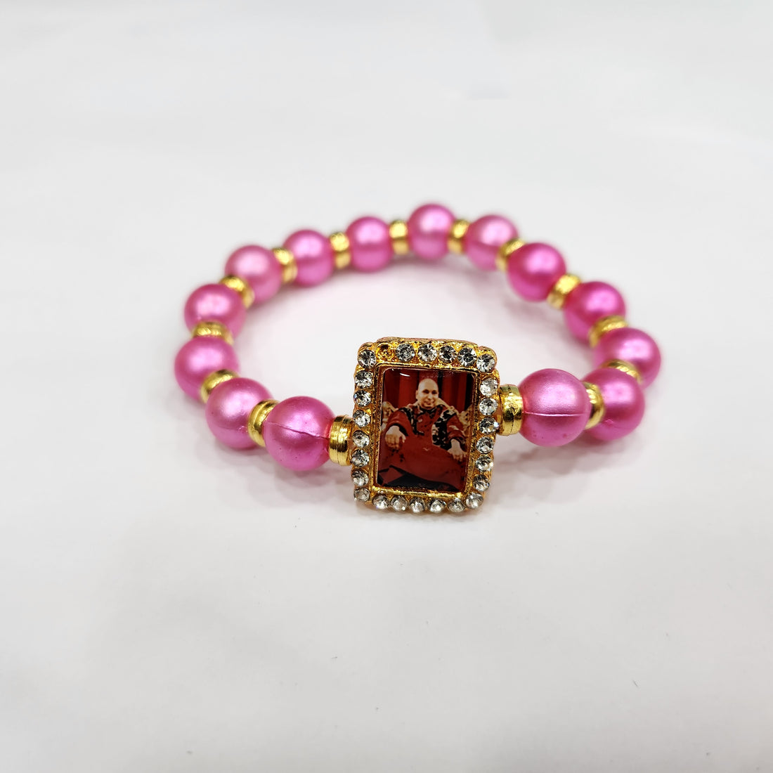 Pink Round Pearl Bracelet with Jai Guruji Swaroop Handmade Bracelets for Men and Women