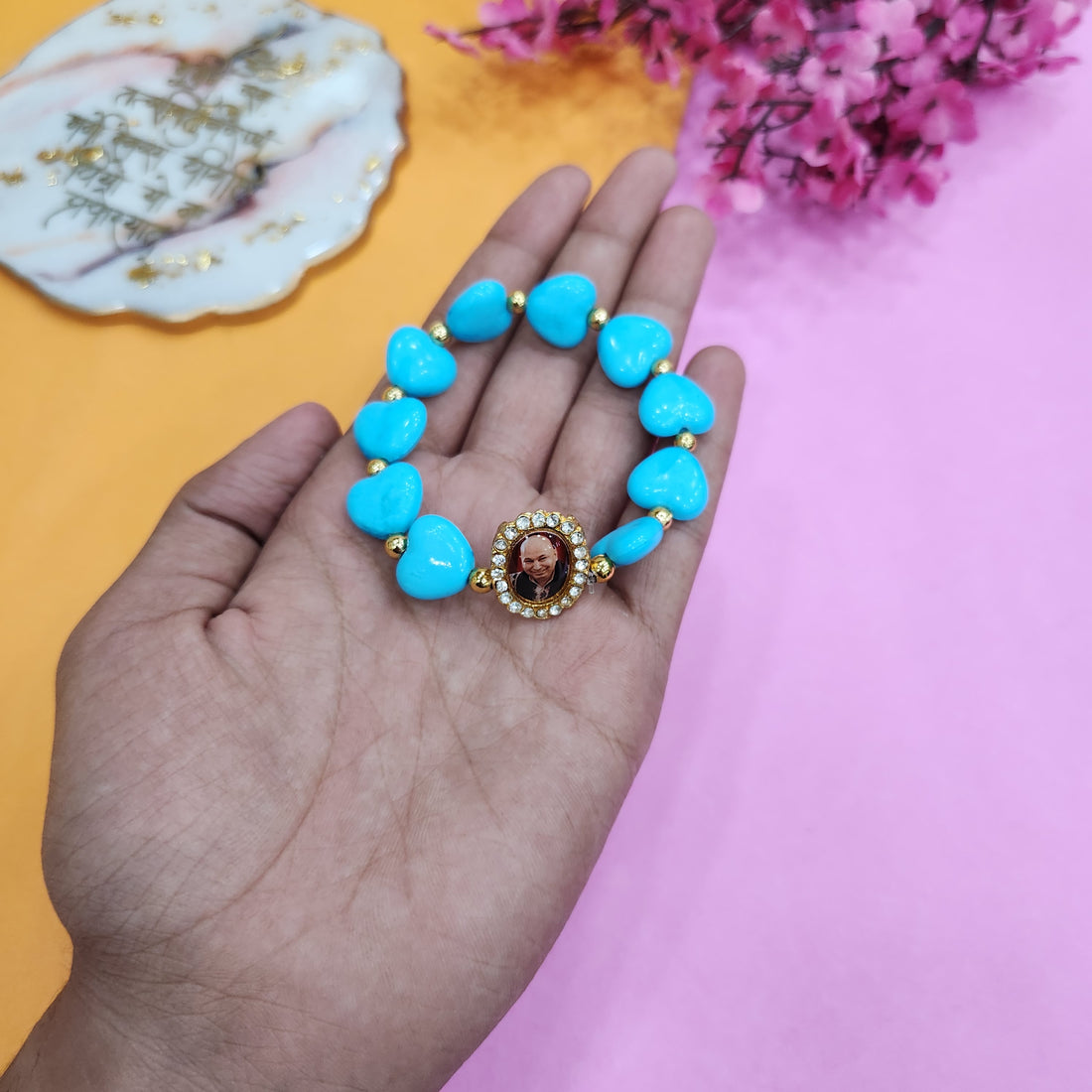 Blue Heart Shape Pearl Bracelet With Jai Guruji Swaroop Handmade Bracelets For Men And Women