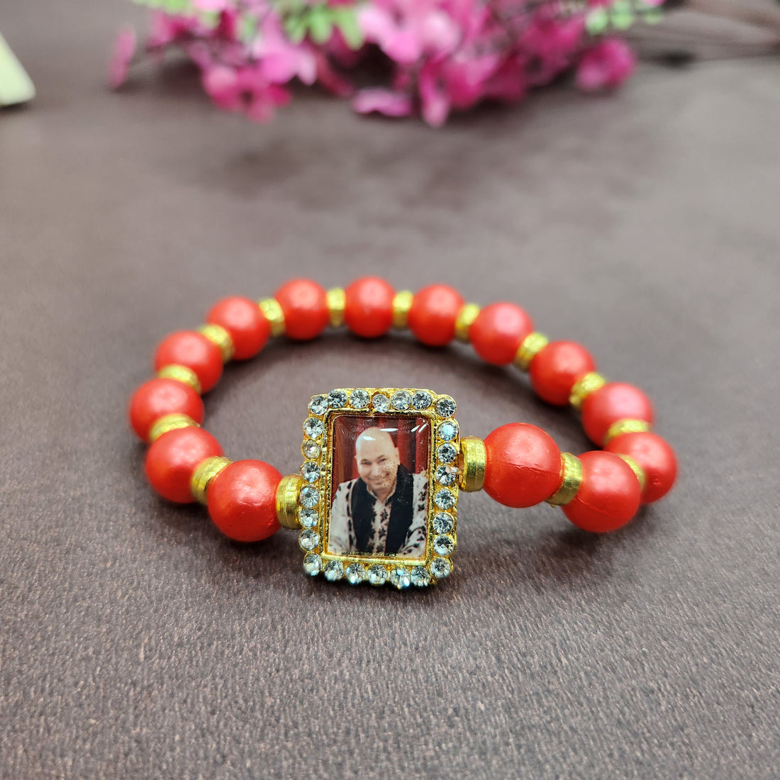 Red Round Pearl Bracelet with Jai Guruji Swaroop Handmade Bracelets for Men and Women.