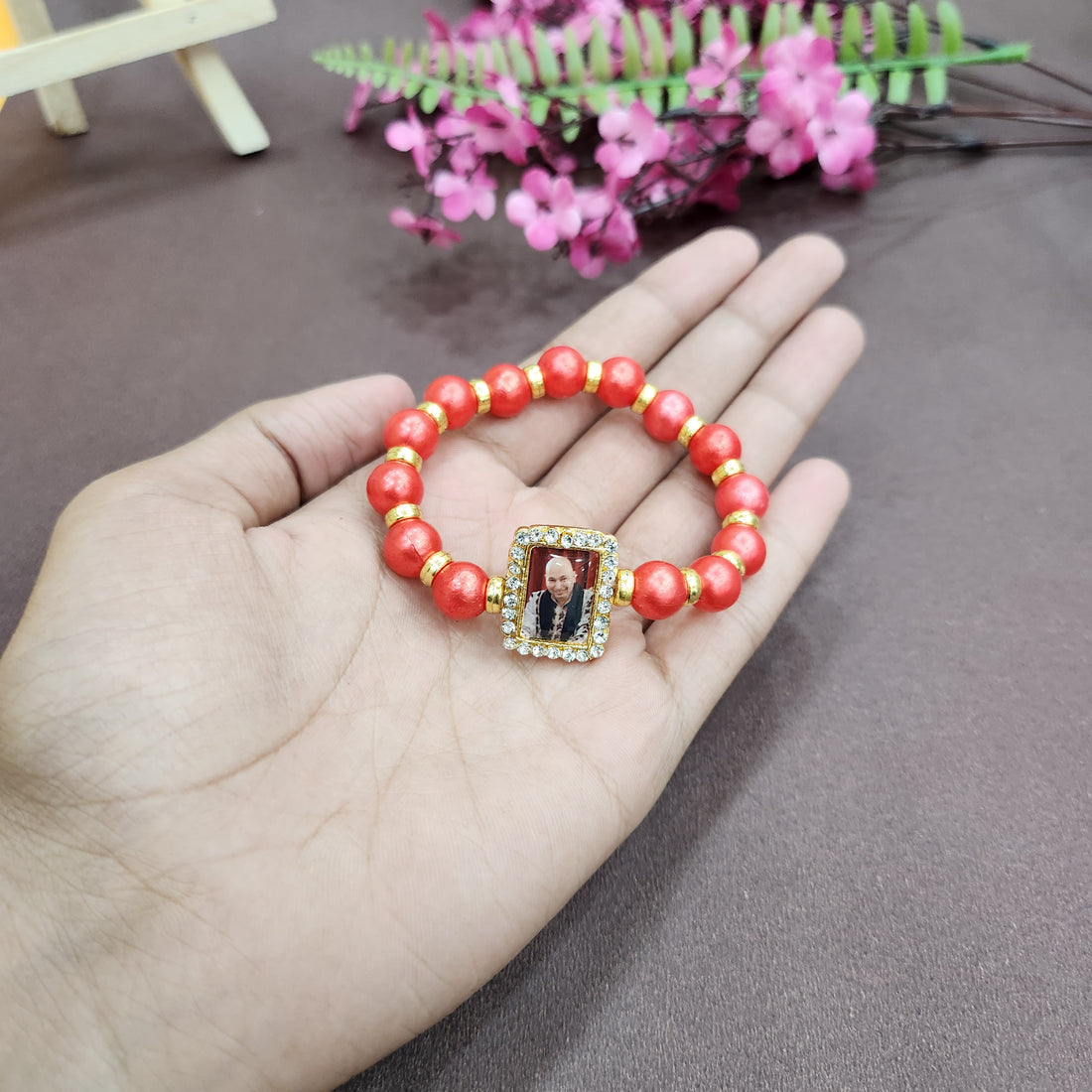 Red Round Pearl Bracelet with Jai Guruji Swaroop Handmade Bracelets for Men and Women.