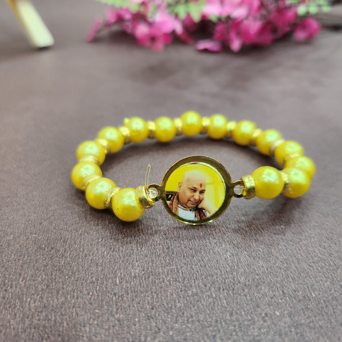 Yellow Round Pearl Bracelet with Jai Guruji Swaroop Handmade Bracelets for Men and Women.
