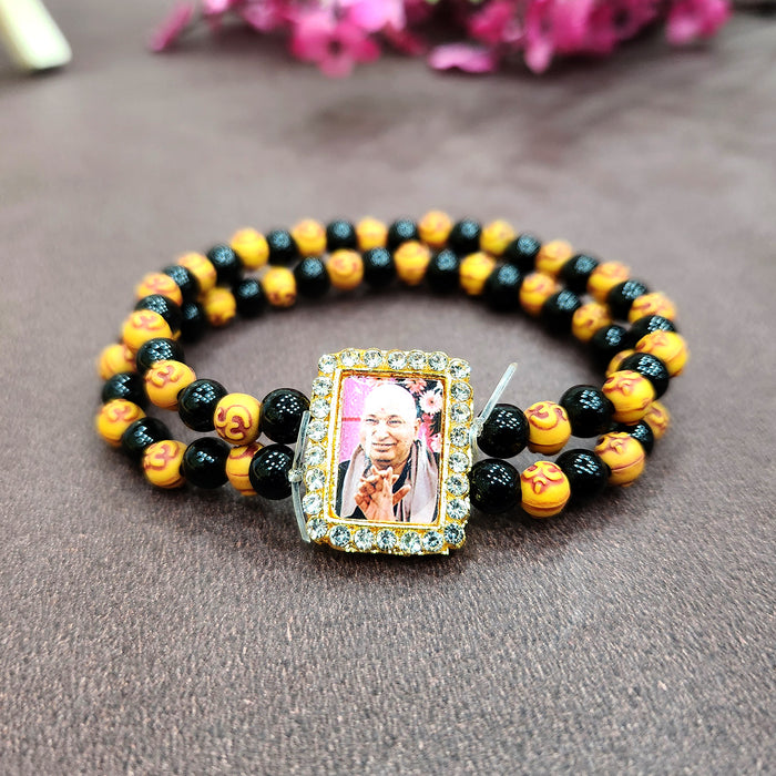Om Carved Black Double Band Round Pearl Bracelet with Jai Guruji Swaroop Handmade Bracelets for Men and Women