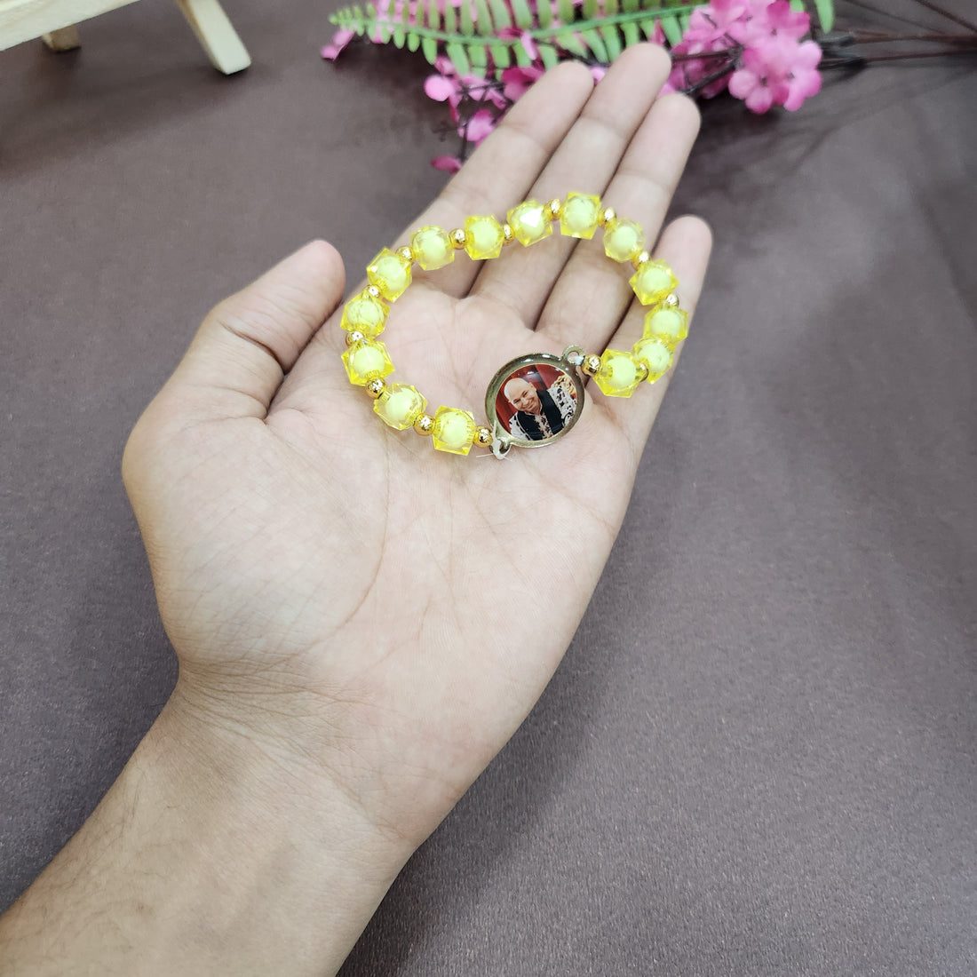 Light Yellow Pearl Bracelet with Jai Guruji Swaroop Handmade Bracelets for Men and Women