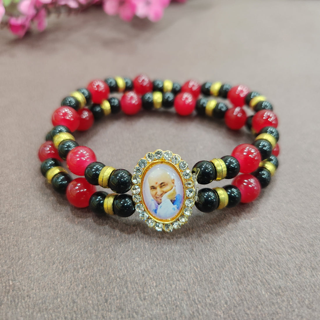 Blood Red And Black Double Band Round Pearl Bracelet with Jai Guruji Swaroop Handmade Bracelets for Men and Women