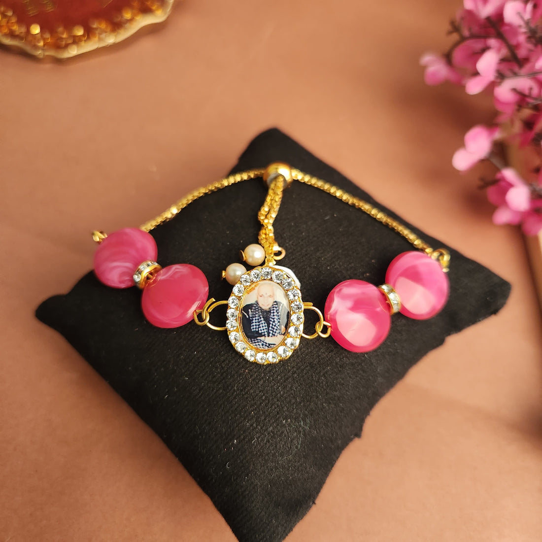Pink Round Pearl Bracelet with Jai Guruji Swaroop Handmade Bracelets for Women