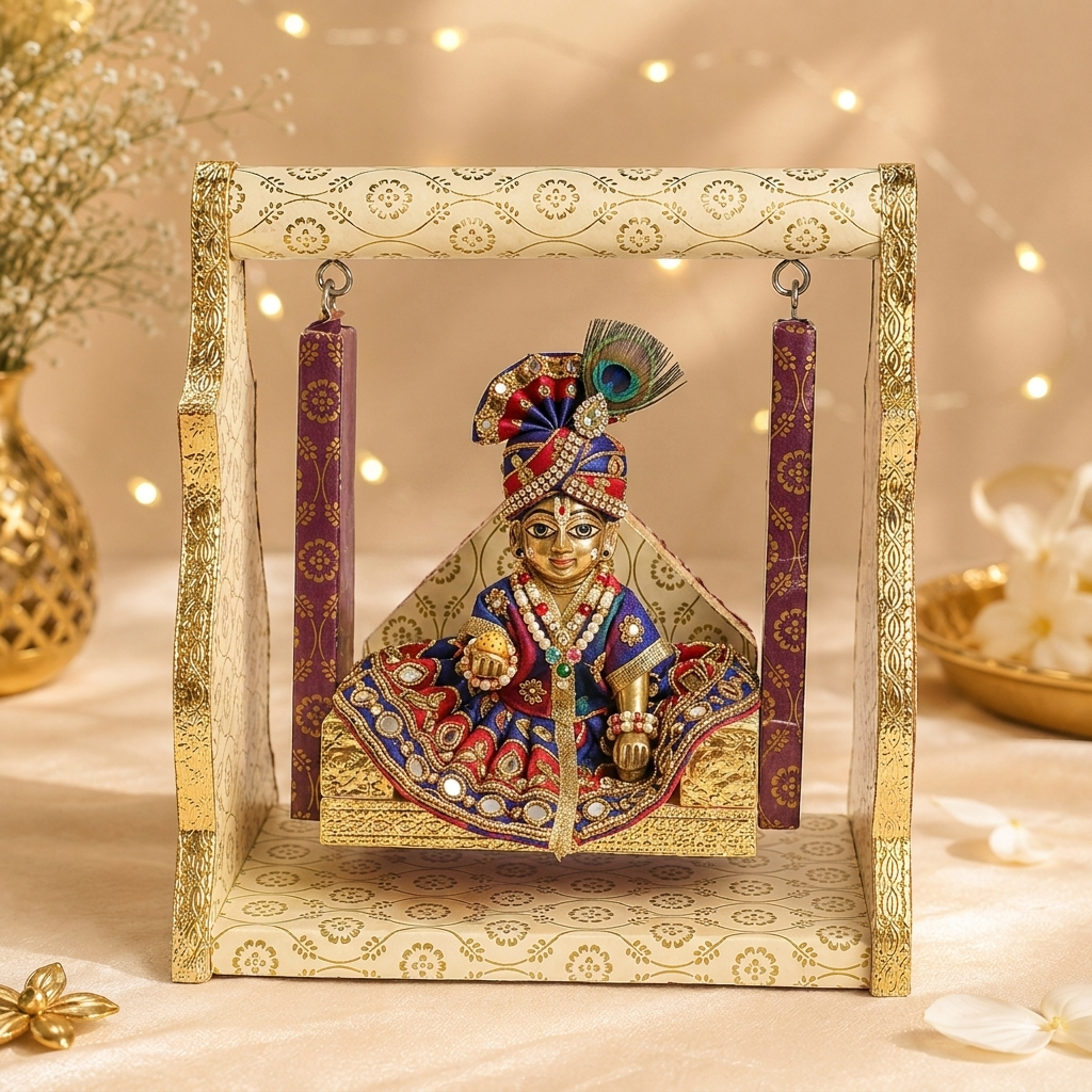 Printed Design Jhula – White & Brown Paper Cradle Swing for Laddu Gopal