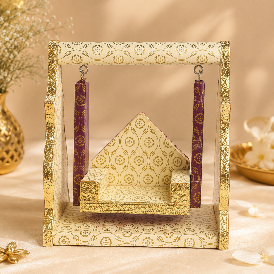 Printed Design Jhula – White & Brown Paper Cradle Swing for Laddu Gopal