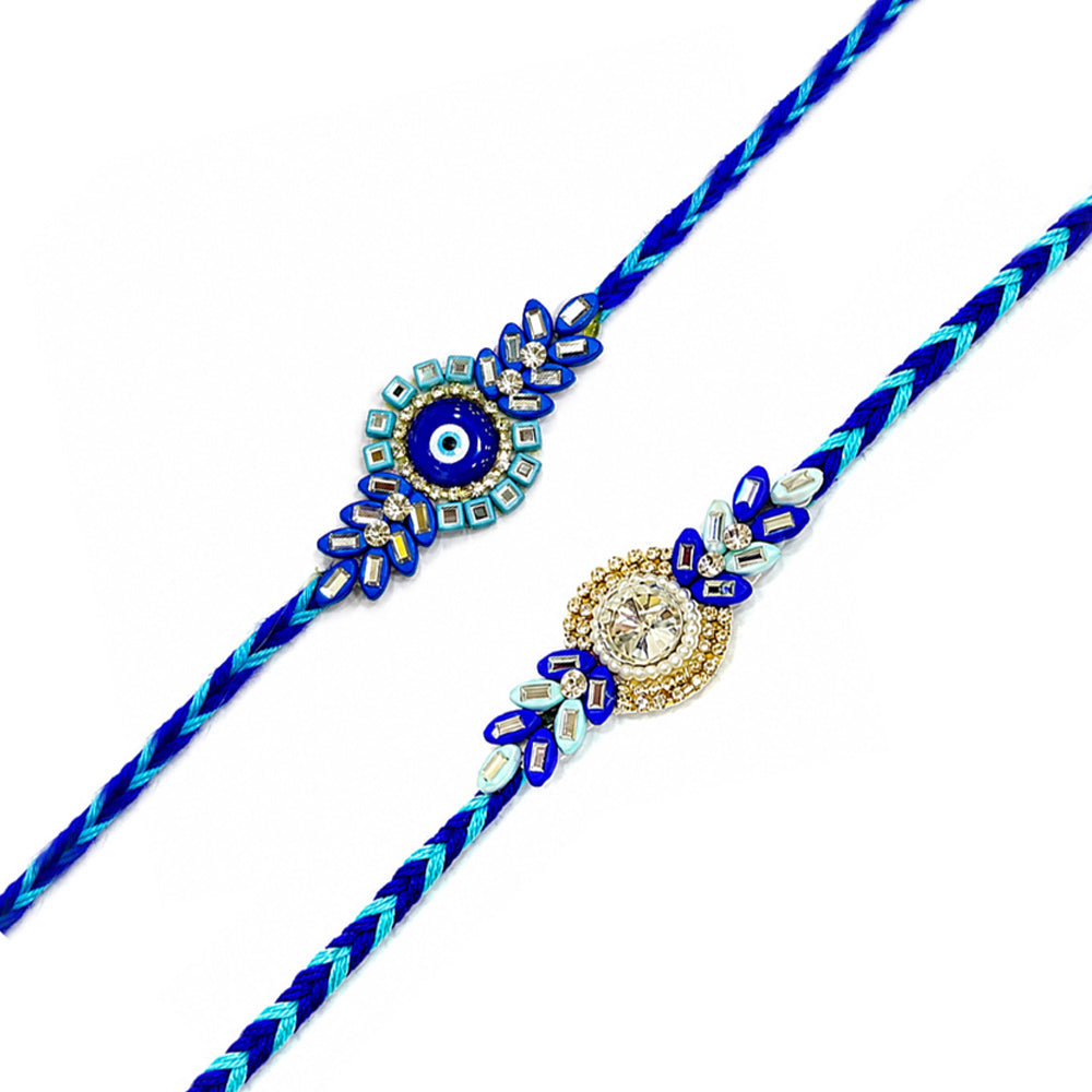 Royal Blue Evil Eye Solitaire Crystal Designer Rakhi (Set of 2)