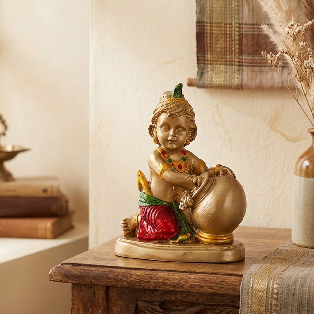 Premium Gold Crimson & Emerald Laddu Gopal Resin Statue
