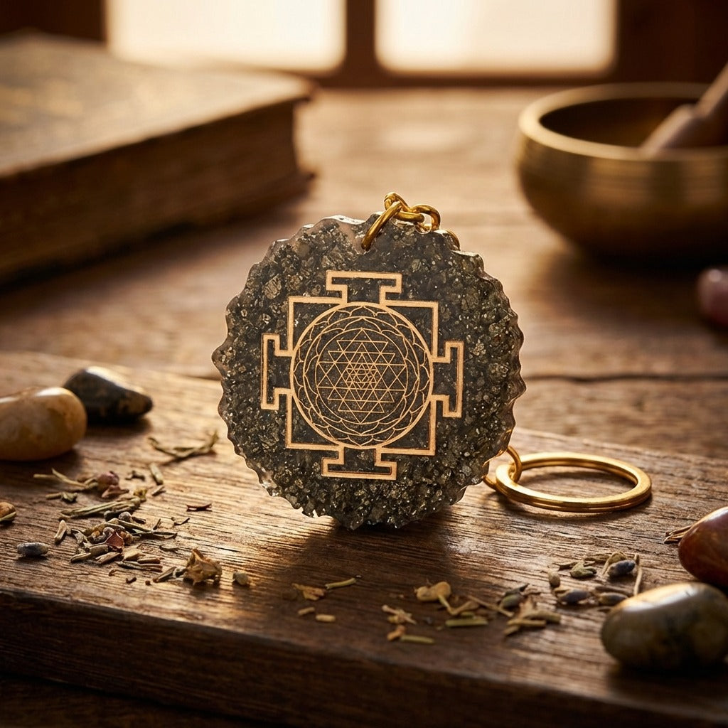 Pyrite Yantra Keyring – Spiritual Healing Energy Accessory