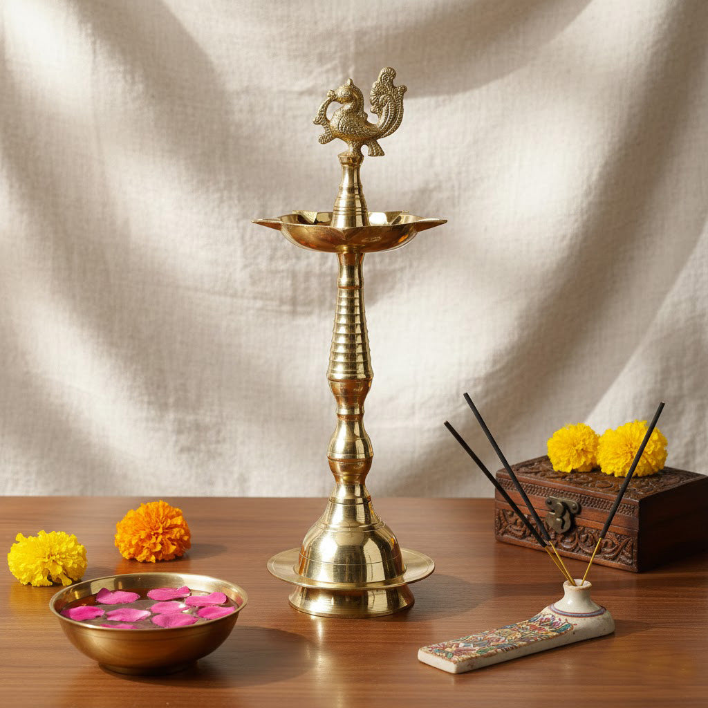 13 Inch Pure Brass Peacock Kerala Diya