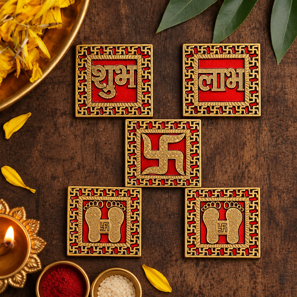Red & Golden Bordered Shubh Labh Charan Paduka Set of 5