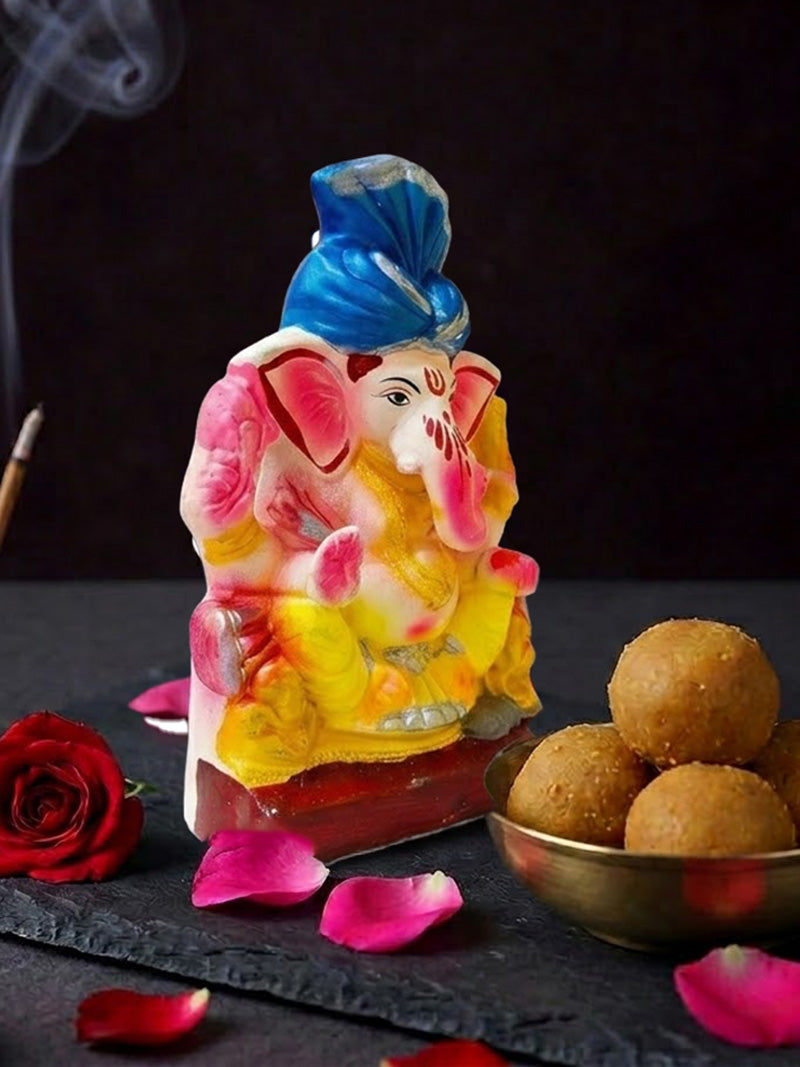 8 Inch Vibrant Hand Painted Ganesha Idol with Royal Blue Turban