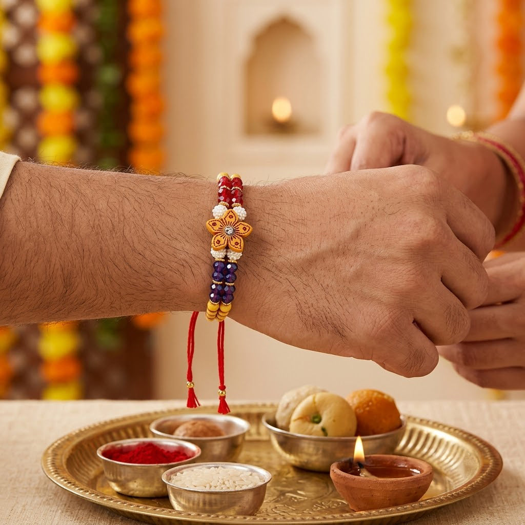 Vibrant Red Blue Crystal and Yellow Bead Wooden Floral Rakhi
