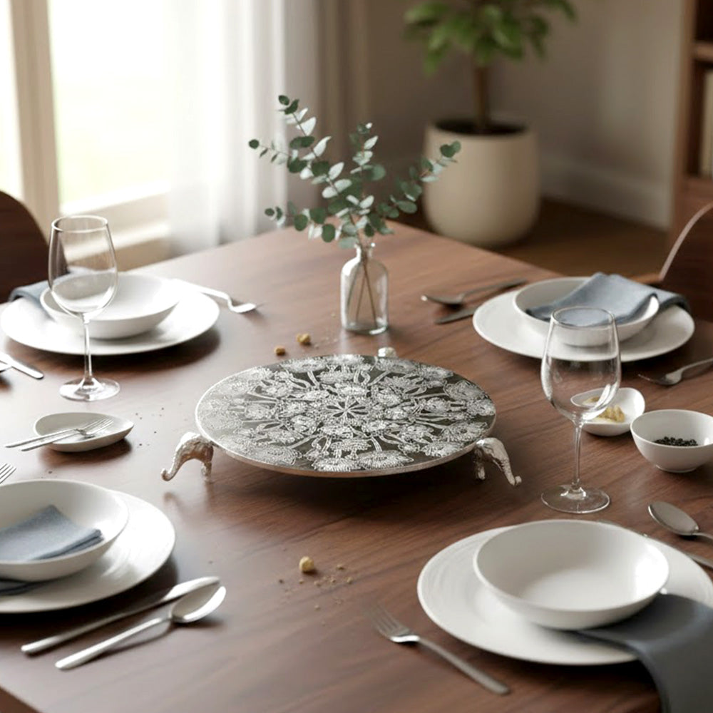 Silver Elephant Platter – Decorative Serving & Pooja Tray Spiritual Use
