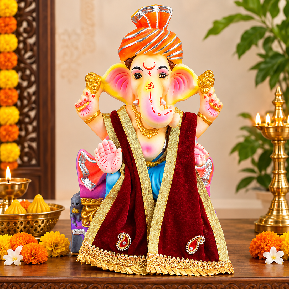 Designer Velvet Maroon Ganpati Idol Patka - 32 Inch