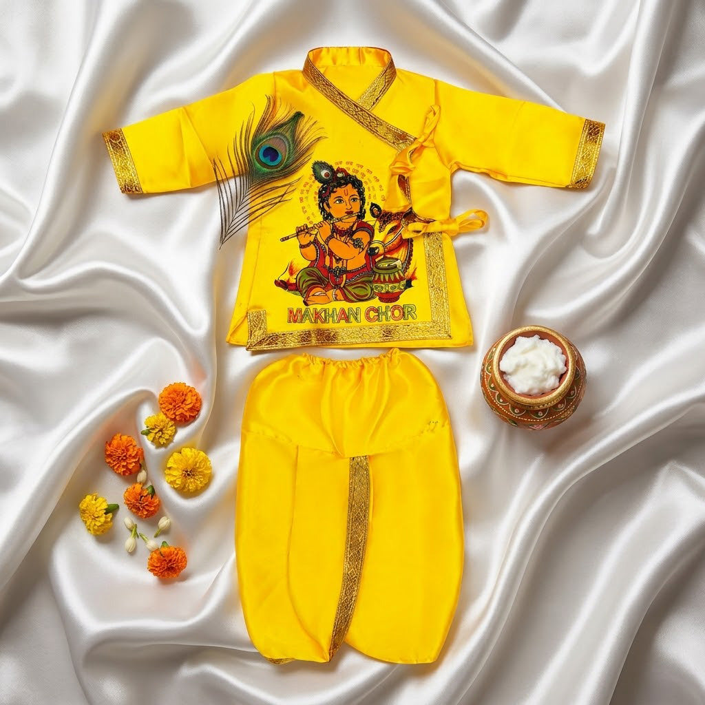 Size 3 Makhan Chor Yellow Krishna Dress with Golden Border