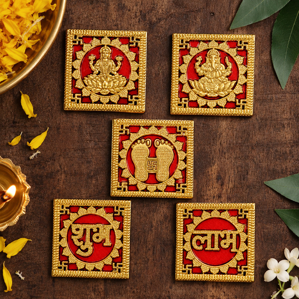 Ornate Square Golden Shubh Labh and Divine Symbols Sticker