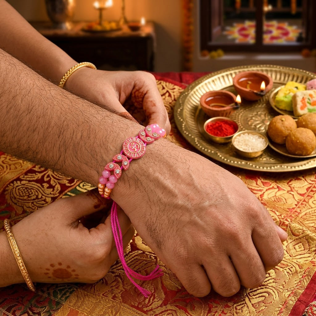 Traditional Devotional Pink Om Centerpiece Stone Encrusted Rakhi