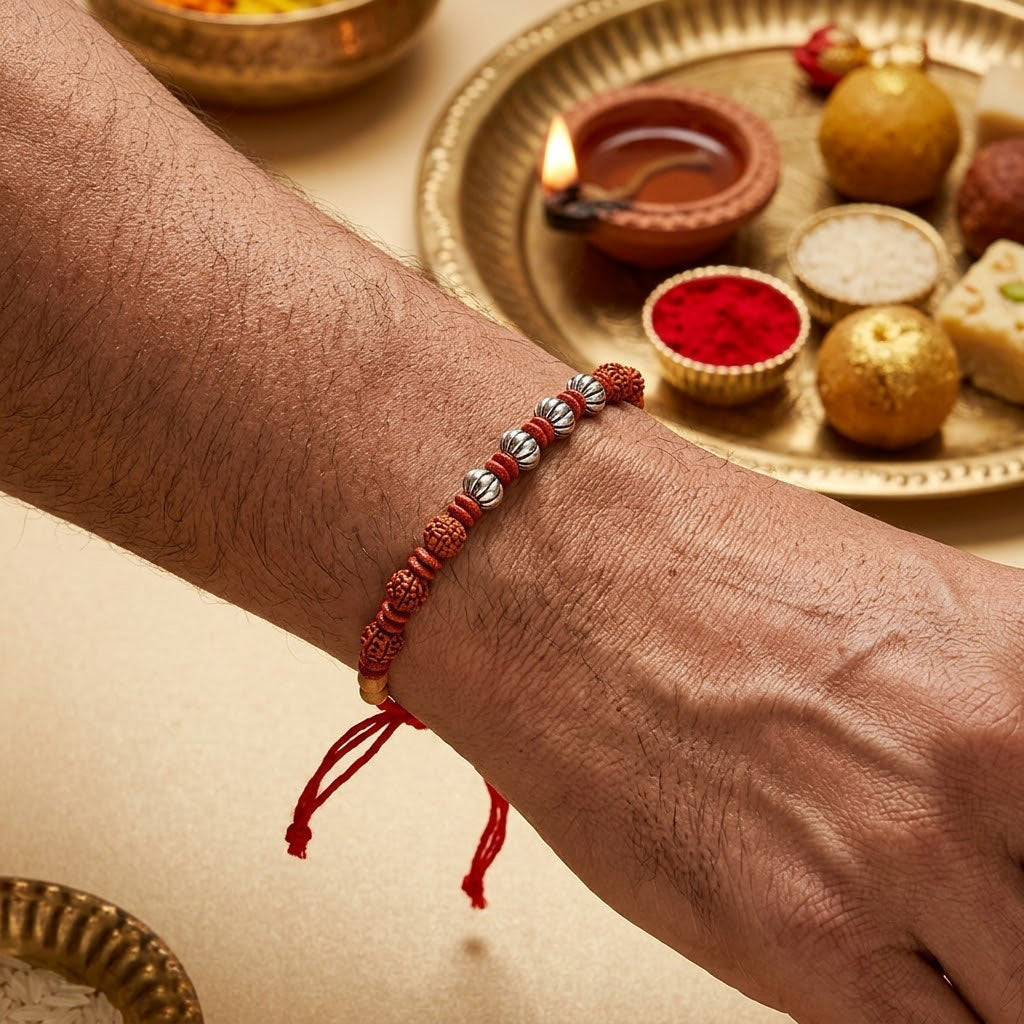 Traditional Red Thread Rudraksha Design Rakhi