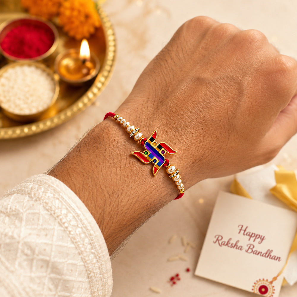 Multicolor Striped Swastik Emblem Golden Pearl Rakhi