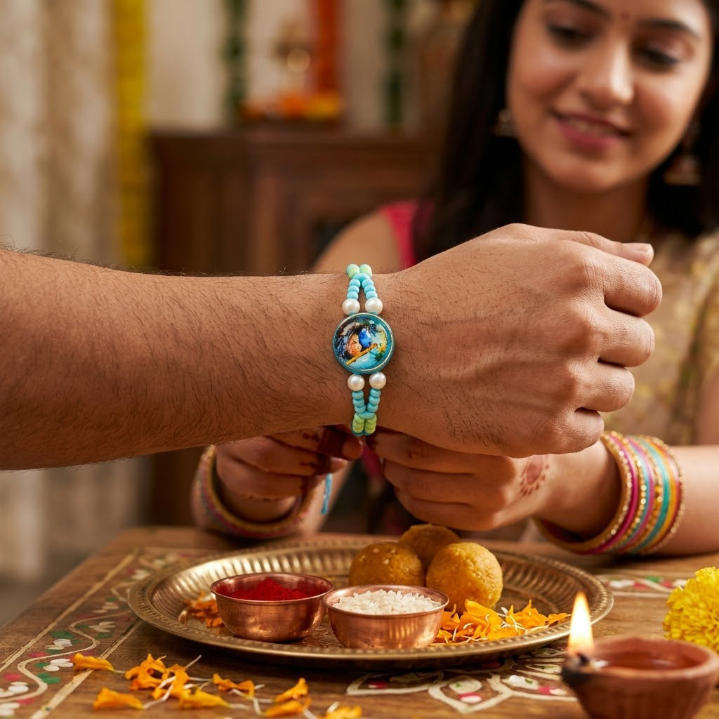 Divine Radha Krishna Emblem Pearl Accent Sky Blue Rakhi