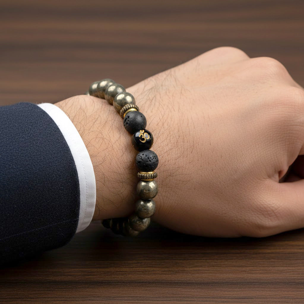 Om Raw Pyrite with Lava Bracelet Spiritual Healing Wear