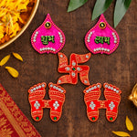 Pink & Red Stone Work Shubh Labh and Charan Paduka Set of 5