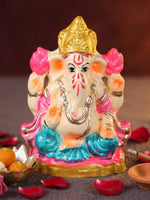 4 Inch Eco Friendly Ganesha Idol with Pink Lotuses & Golden Mukut