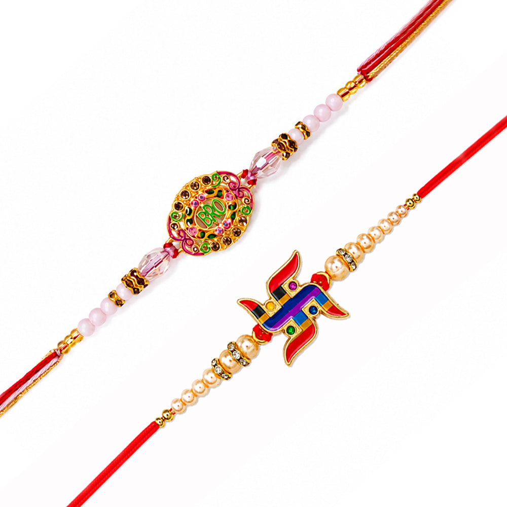 Stone Studded BRO Dial and Swastik Symbol Rakhi (Set of 2)
