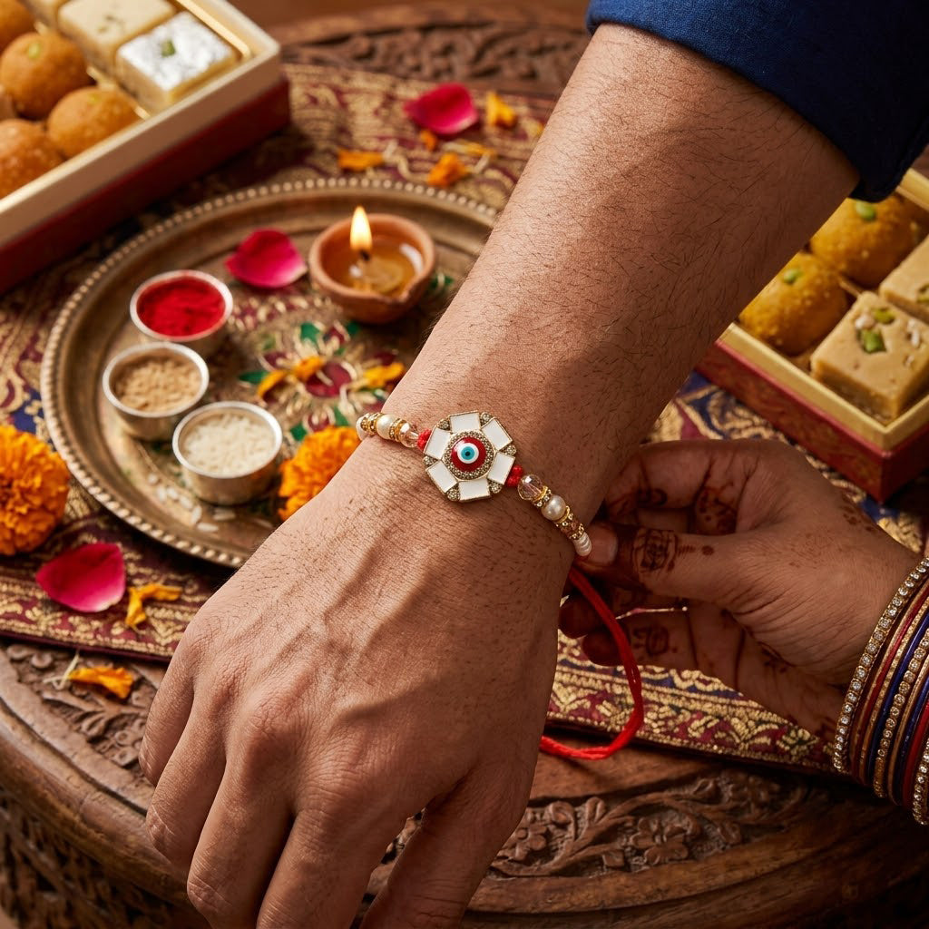 Elegance White Meenakari and Red Evil Eye Designer Rakhi