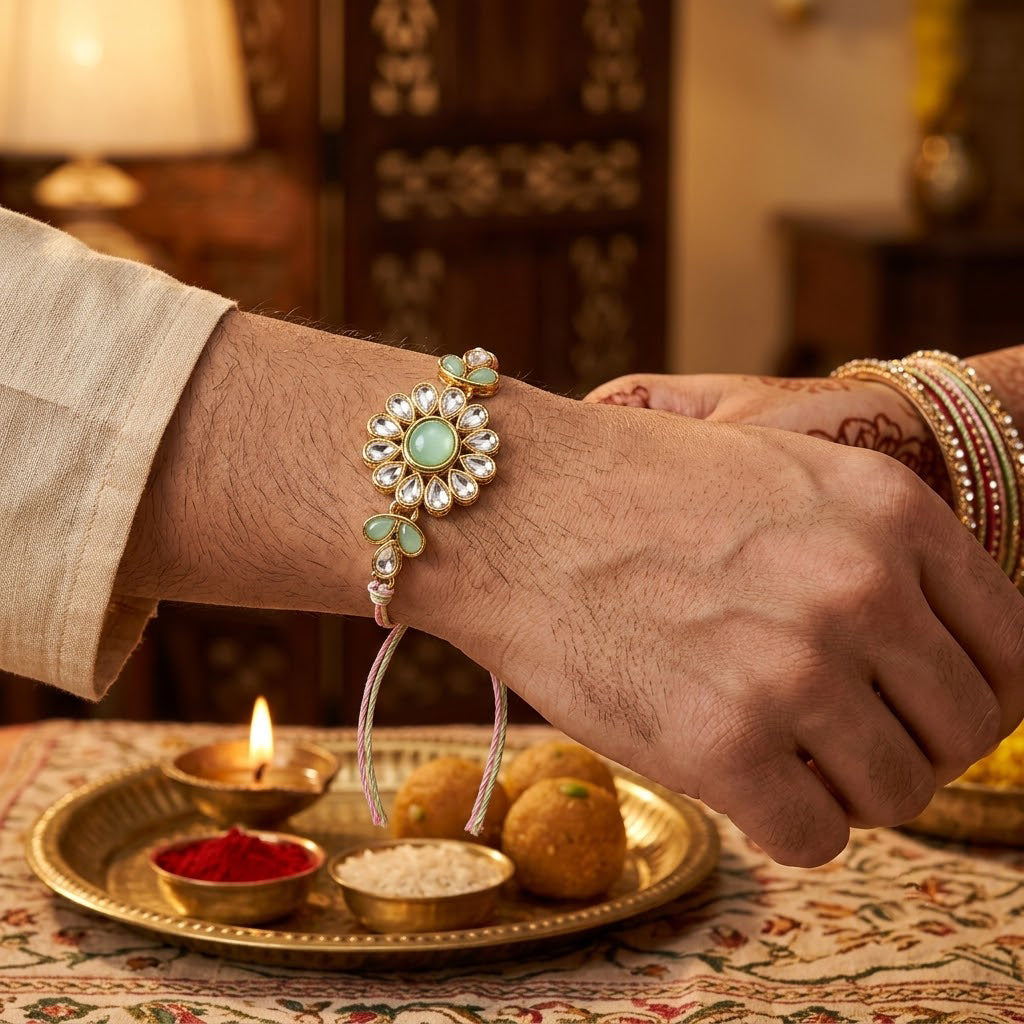 Kundan Studded Floral Medallion Mint Green Accent Rakhi