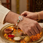 Green and Peach Crystal Floral Emblem Pastel Stones Rakhi
