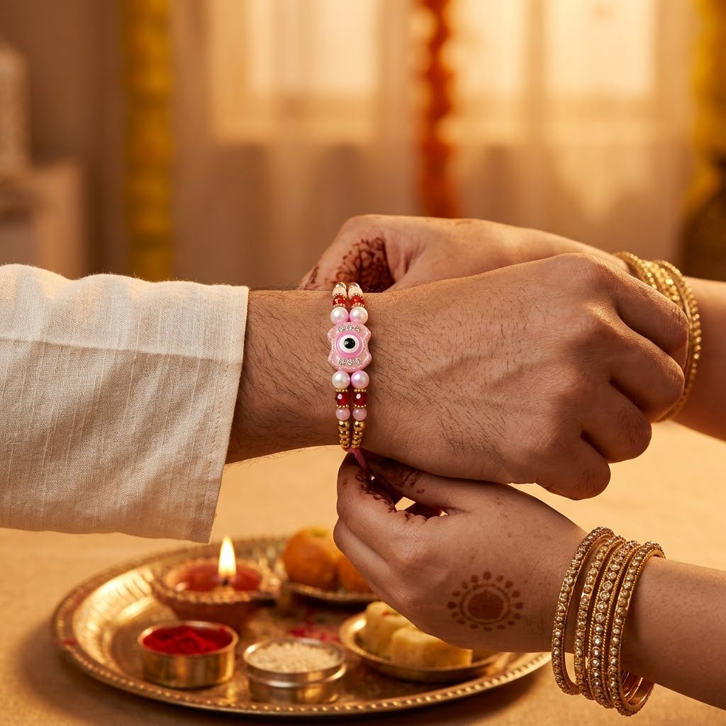 Pretty Pink Enamel Medallion Double Strand Beaded Rakhi