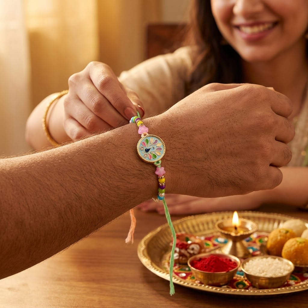 Traditional Peacock Enamel Dial Rainbow Beaded Rakhi